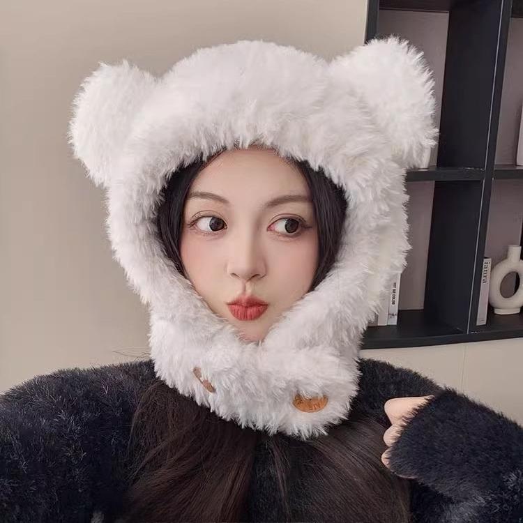 Niedliche Bärenohren Plüschmütze und Schal in einem Damen Winter Ohrenschützende Kapuze zum Warmhalten und Kälteschutz Lei Feng Mütze