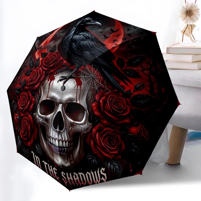 1pc Sturdy 8-Bone Auto Umbrella, Gothic Dark Rose Skull Bloom Umbrella, Digital Printed, Foldable Umbrella for On-the-Go Outdoor Use
