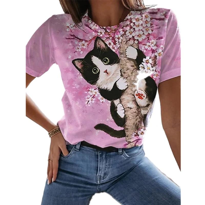 Women's T-shirt Fashion Short-sleeved Top 3d Cat Print Black Kawaii Summer Top