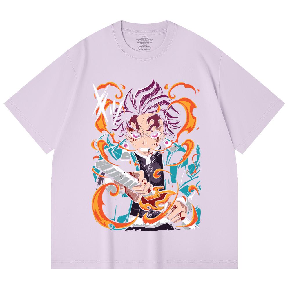 230 Gsm 100% Cotton Demon Slayer V64 Tanjiro Fire Breathing Print Unisex Heavy Cotton T Shirt