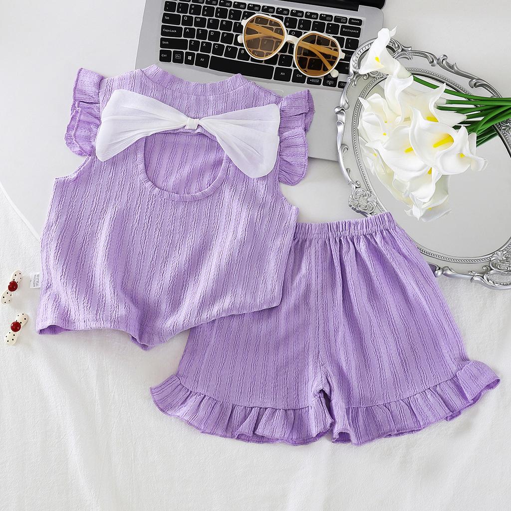 Girls Summer Sweet Bow Tie Flutter Sleeve Ruffle Shorts Two Piece Set Baby Lace Homewear Outfit
