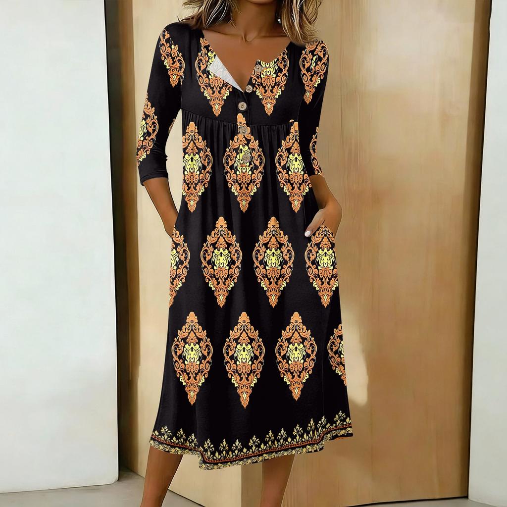 Women's Fashionable Color Printed Round Neck 3/4 Sleeve Button Collar Mid Length Casual Dress