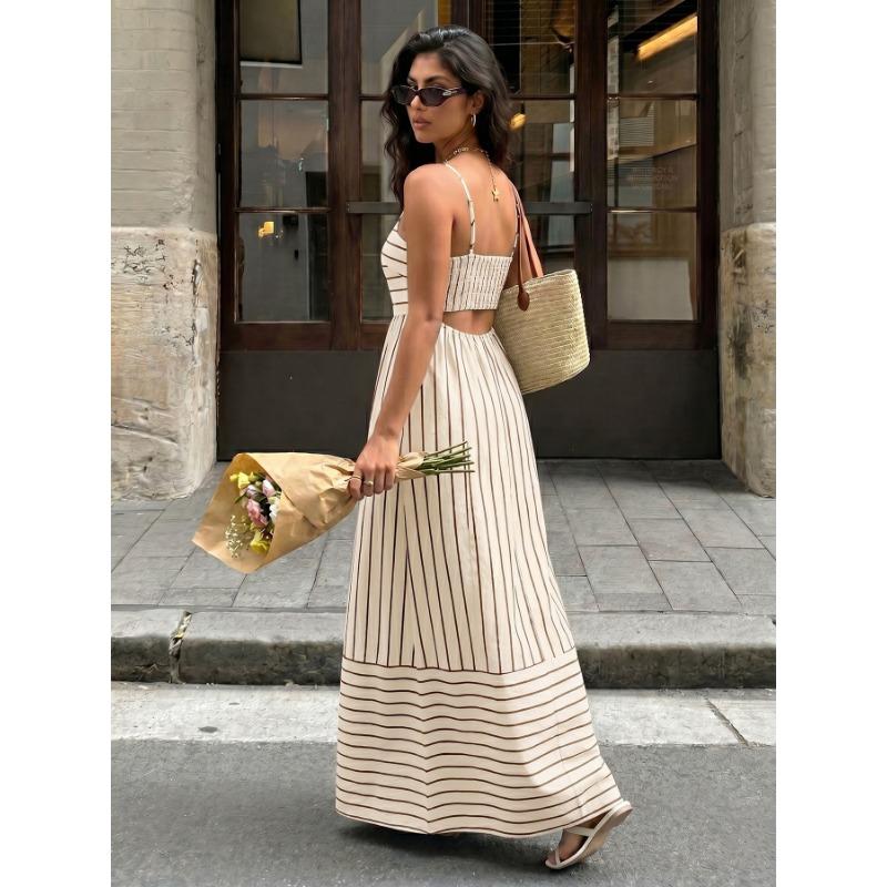 Women Striped Backless High Waist Suspender Maxi Casual Vacation Dress