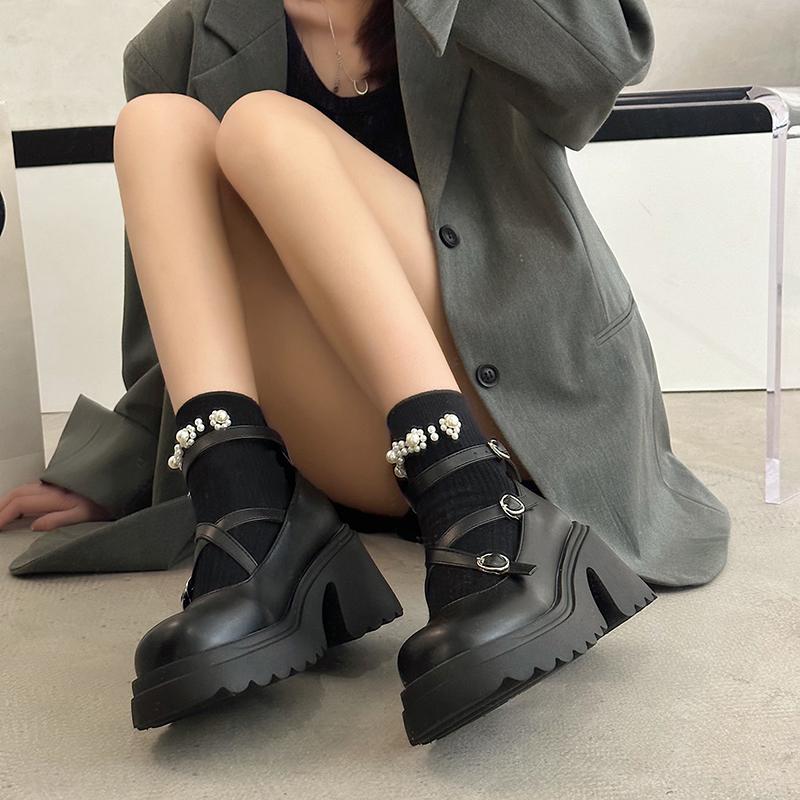 Rimocy Patent Leather Ankle Strap Lolita Shoes Women Thick Heels Platform Mary Janes Woman Sweet Lovely High Heeled Pumps 2024
