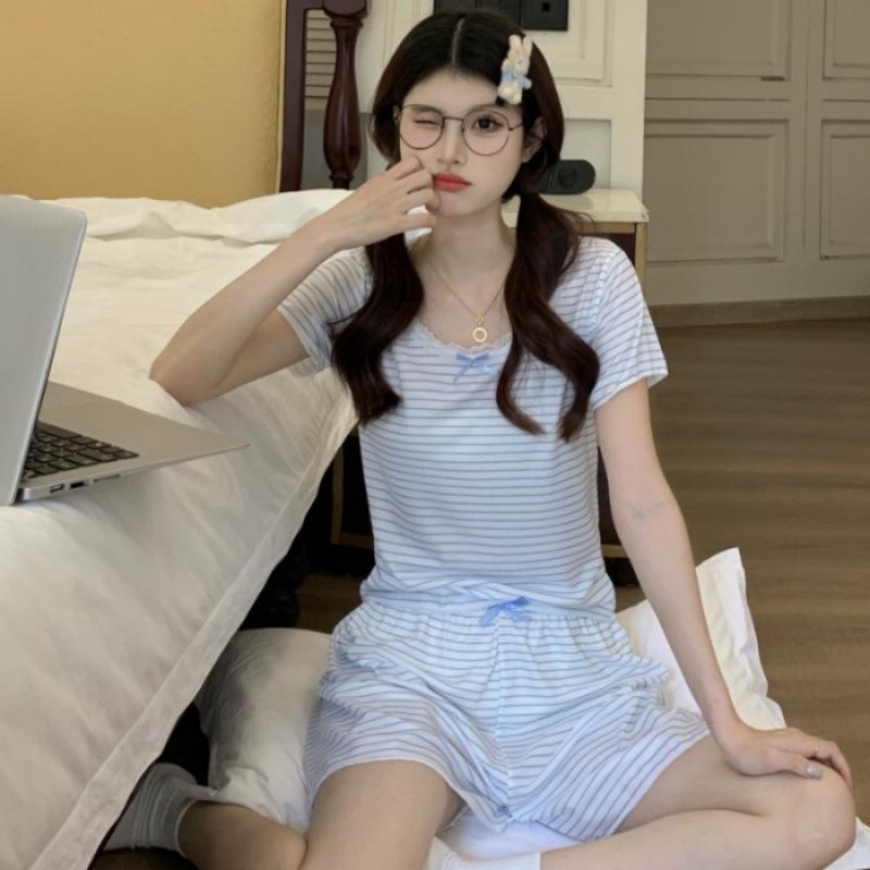 Women s Summer Ice Silk Lace Trim Pajama Set - Short-Sleeve Top & Shorts, Ribbed, Lightweight Two-Piece Lounge Wear