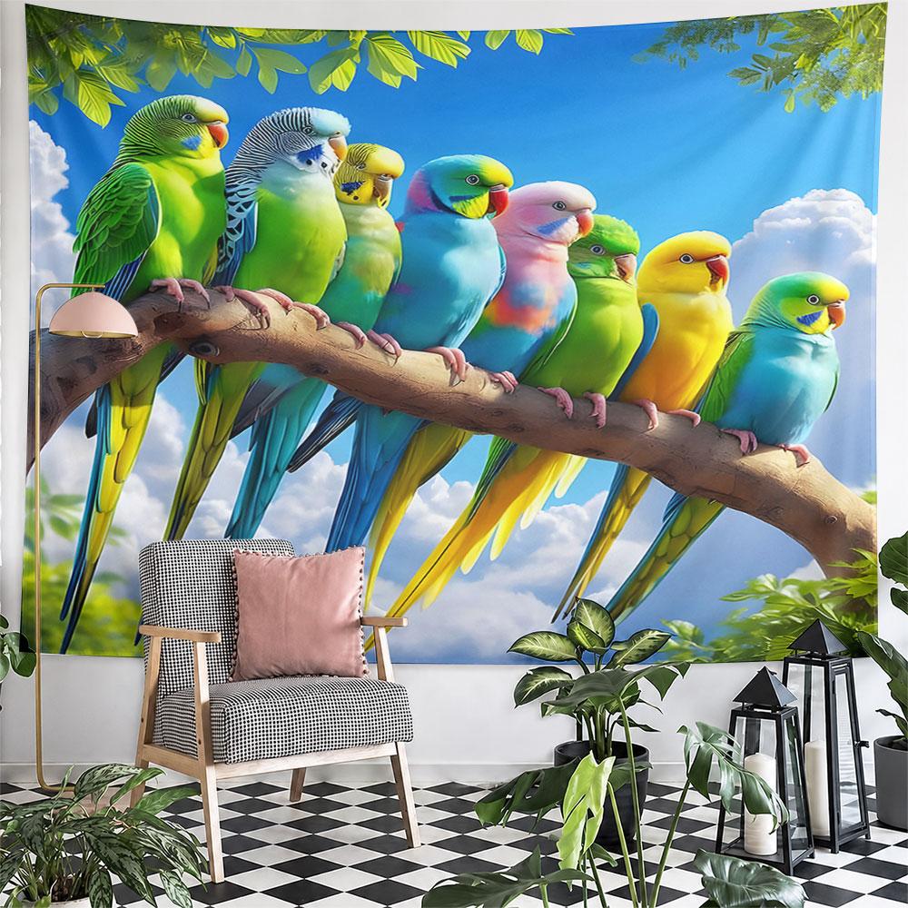 Colorful Parakeets on a Branch Pattern Wall Hanging Tapestry Decorative Tapestry Home Decor for Bedroom and Living Room