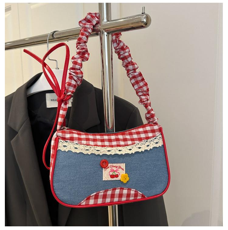 Cute cloth bag women's bag small fresh plaid shoulder handbag niche design underarm bag