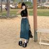 Denim Skirt High Waist Split A Line With Vintage Wash For Summer Casual Wear
