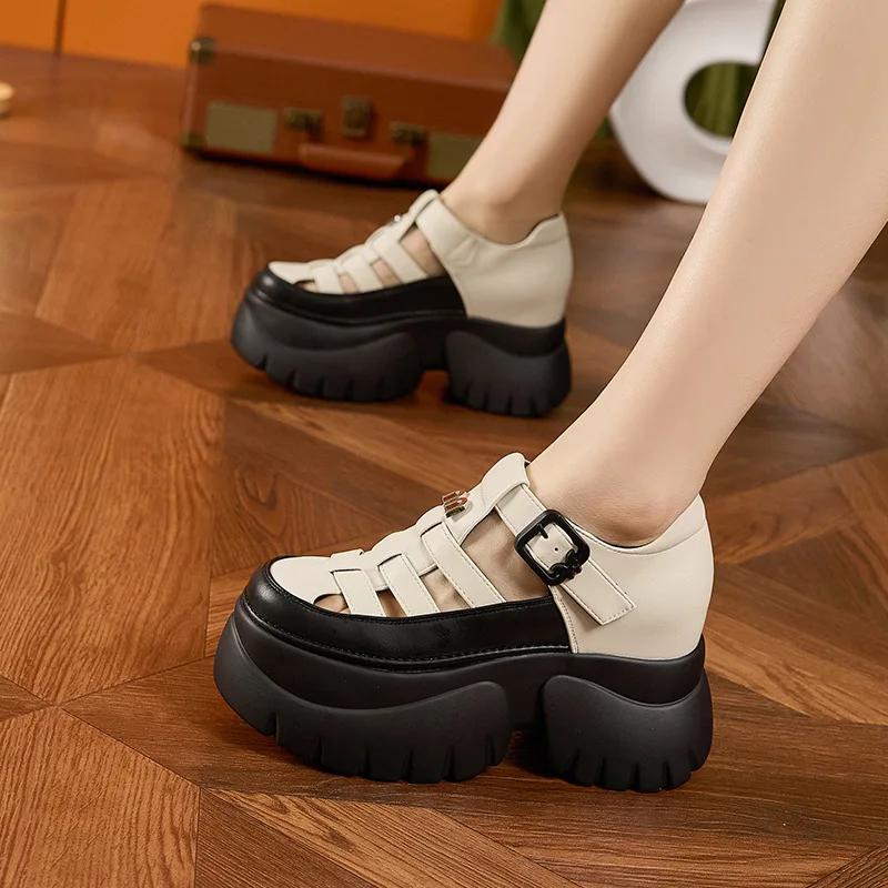 Fashion 9CM Weave Synthetic Microfiber Leather Pumps Platform Wedge Hook Summer Women Hollow Sandals Flats Women Slippers Fashion Shoes