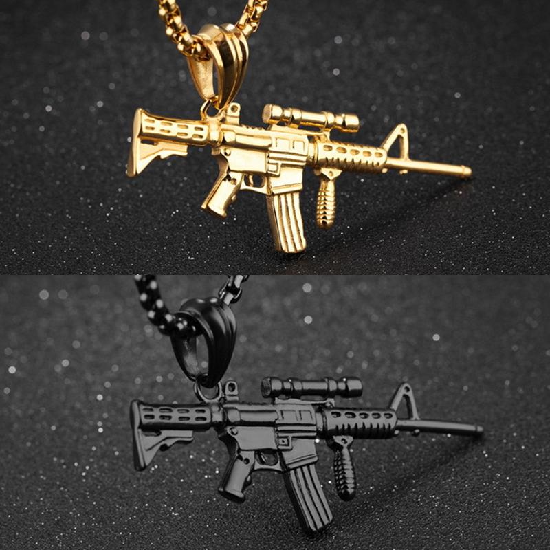 Men's Machine Gun Pendant Necklace Hip Hop Punk Black Gold Stainless Steel Chain Retro Accessories Hippie Rapper Jewelry