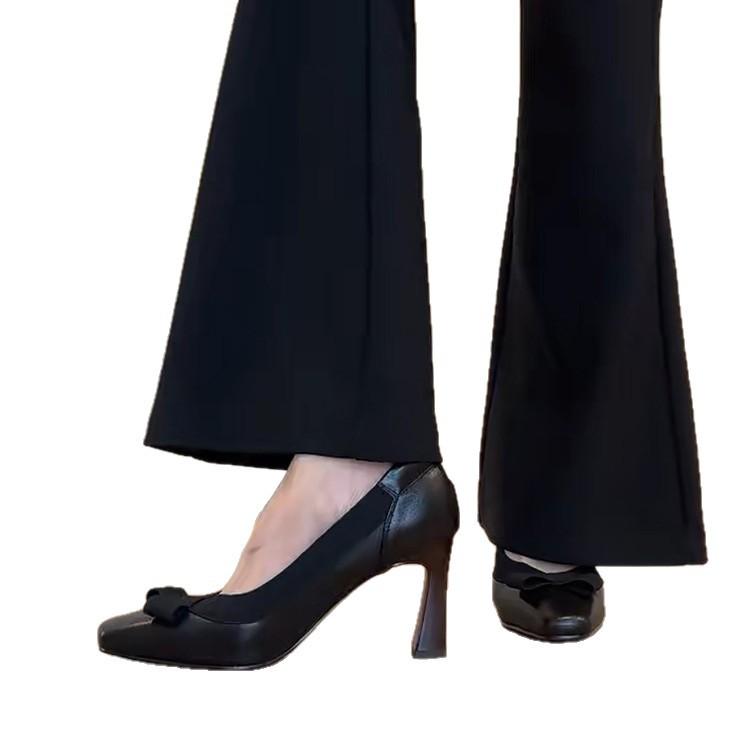 Sheepskin version~ retro literary and artistic temperament commuting versatile thick heel high heels women's fashion elegant bow single shoes