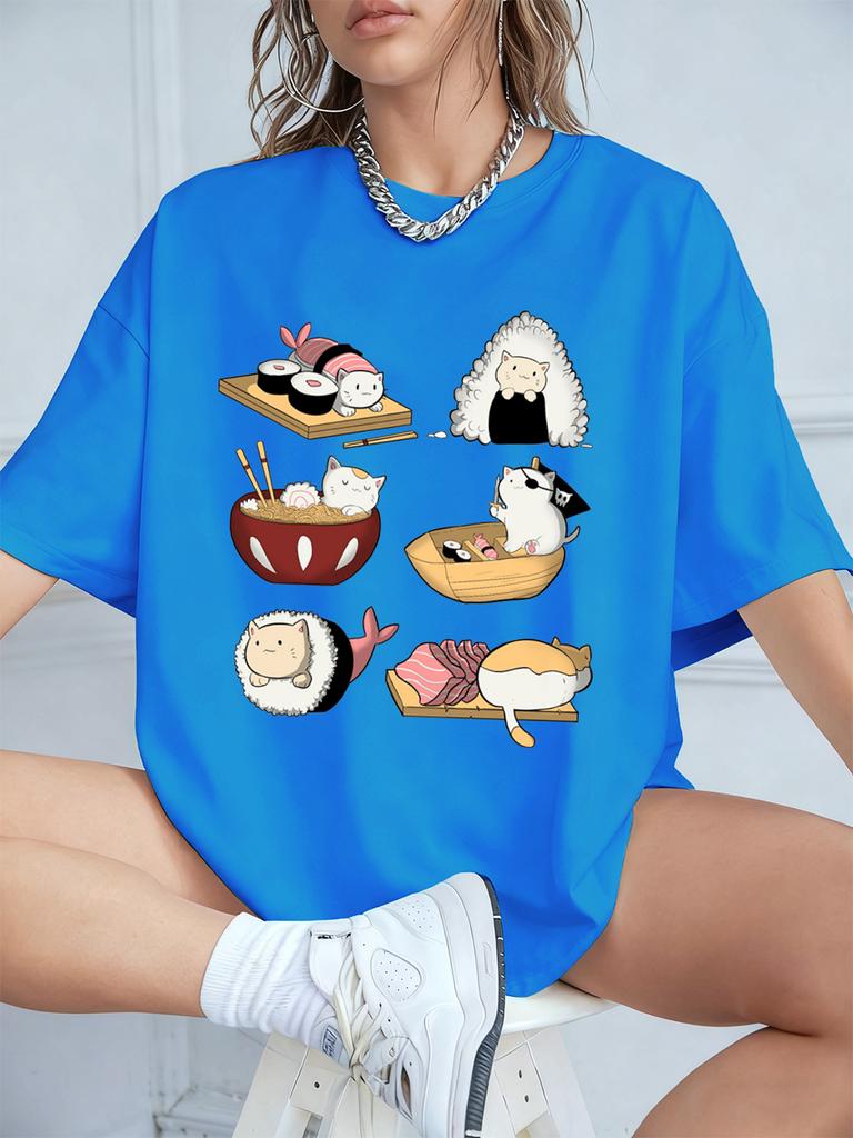 Kawaii Sushi Cats Printing TShirts Womens Summer Cotton Short Sleeve T Shirt Loose ONeck Comfortable Tops Casual Woman Clothes