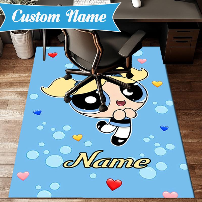 Benutzerdefinierter Name Powerpuff Abenteuer Teppich Spiel Teppich, Fußmatte für Schlafzimmer Wohnzimmer Eingangsbereich Teppich, Heimdeko Idee Geschenk für Weihnachten Geburtstag