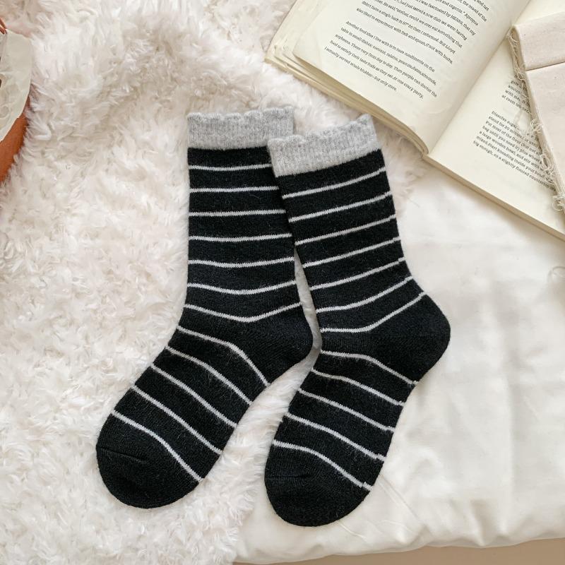 Striped Lace Wool Socks for Women, Mid-calf Socks for Spring and Autumn, Warm and Thick, Trendy Autumn Long Calf Socks