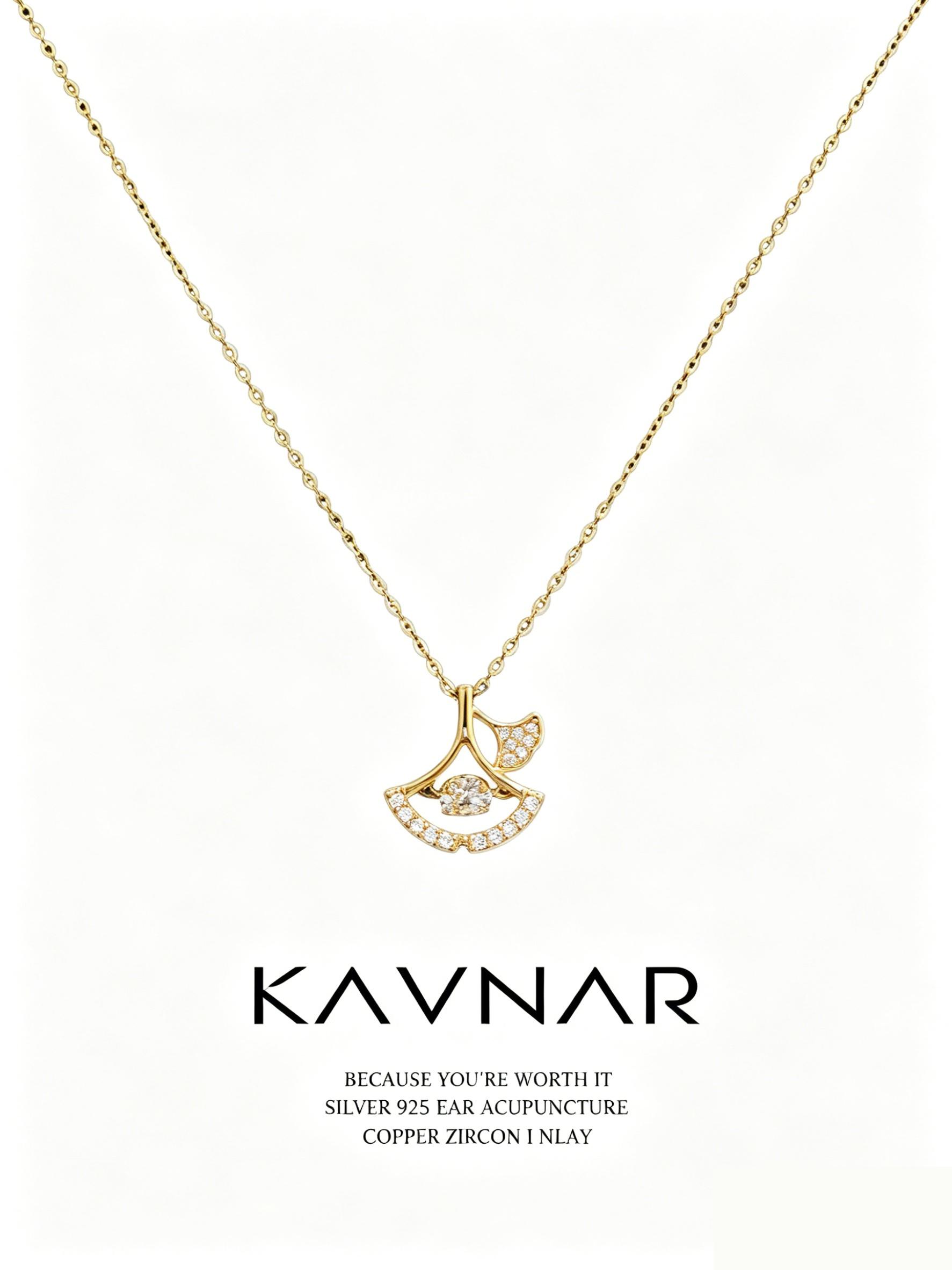 KAVNAR Necklace Elegant Gold Plated Ginkgo Leaf Pendant With Cubic Zirconia for Women