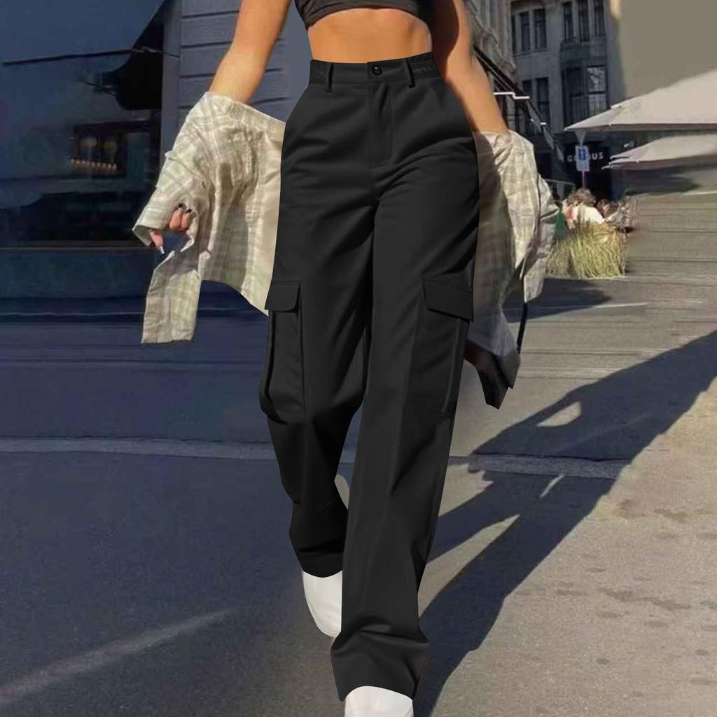 Womens Trendy Casual Streetwear Baggy Cargo Pants With Pockets Wide Leg Trousers Loose Overalls Long Pants
