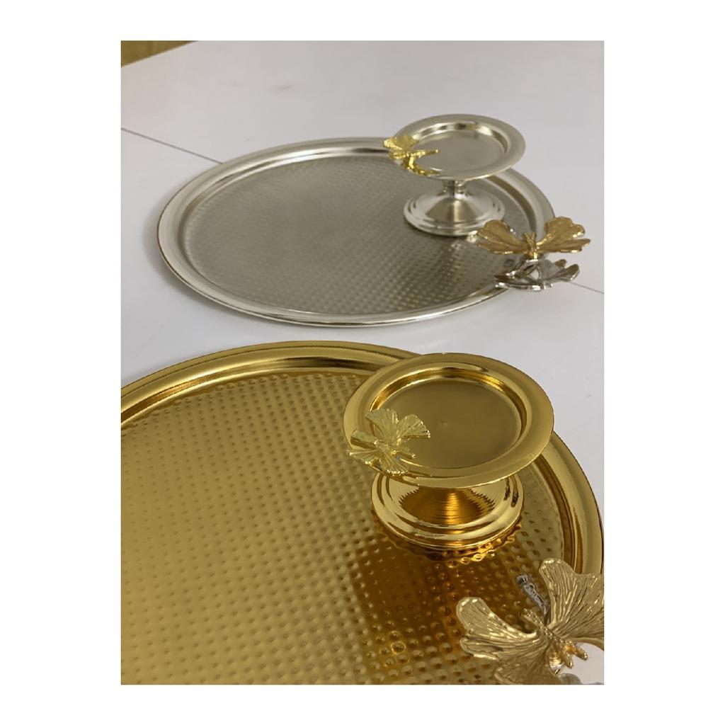 Set Of 2 Gold And Silver Color Tray And Macaron Holder Butterfly Model Round