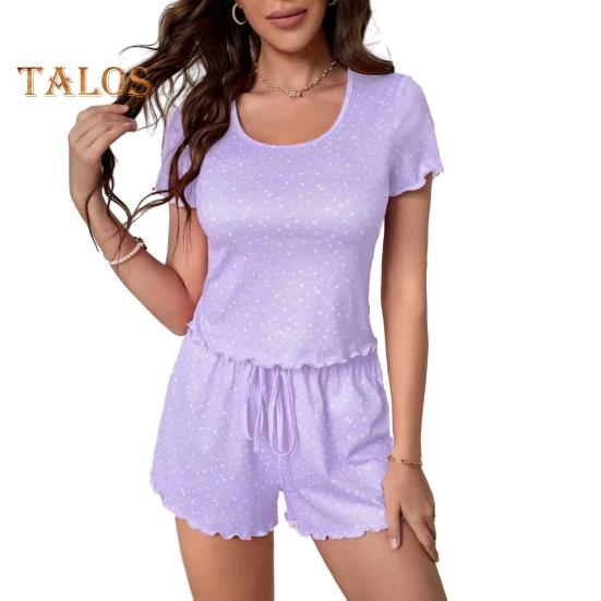 

Женский пижамный комплект с коротким рукавом, круглым вырезом, эластичным поясом и шортами на шнурке, комплект для отдыха с оборками, летний комплект из 2 предметов для сна S фиолетовый