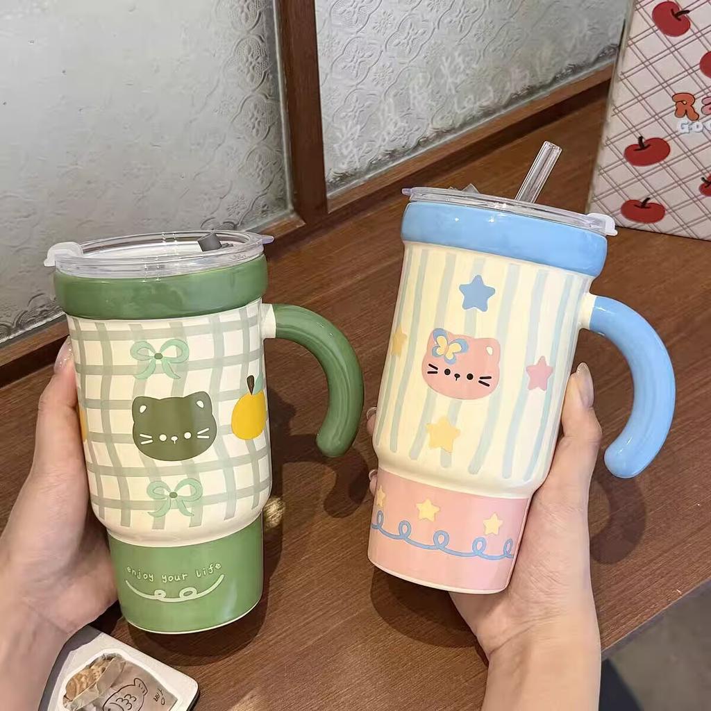 Straw Cup with Lid High Value Ins Mug Couple Ceramic Water Cup Large Capacity Birthday Gift for Girls