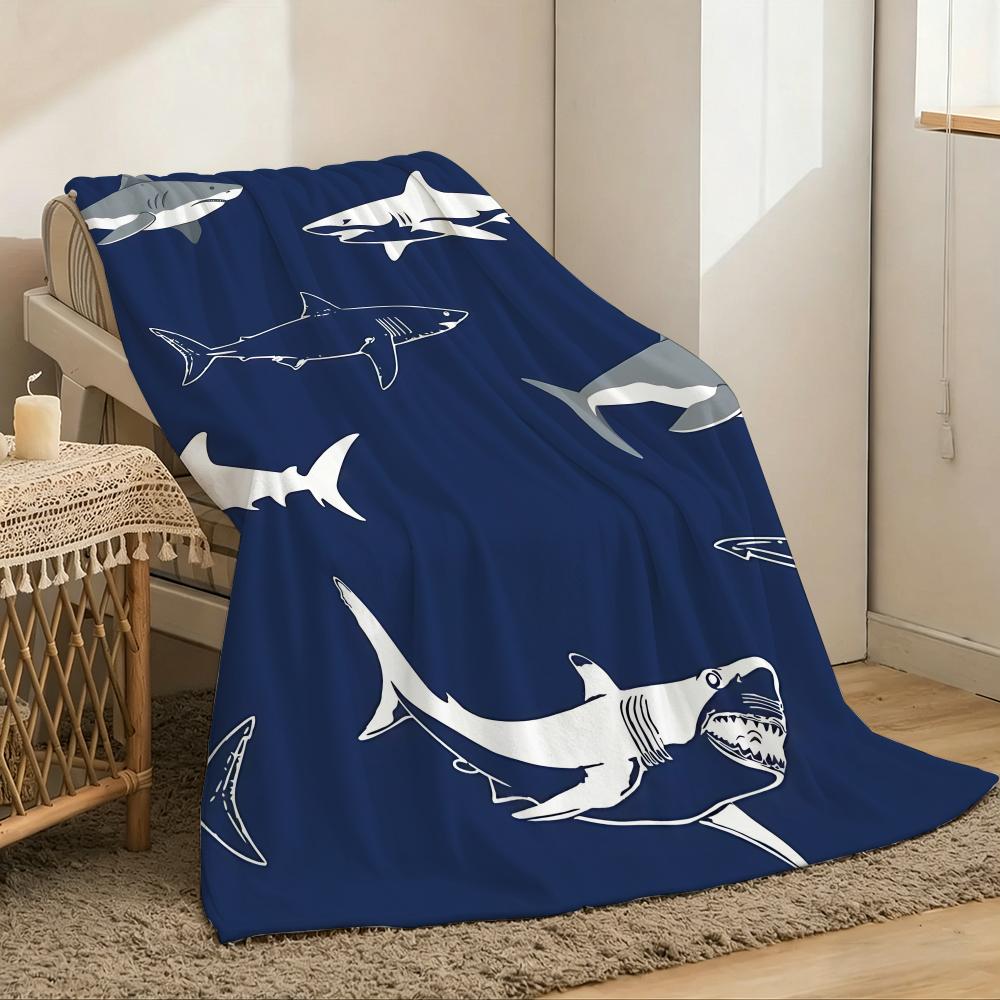 1pc Shark Print Throw Lightweight 240g Flannel Blanket Soft Skin-friendly for Summer Cooling