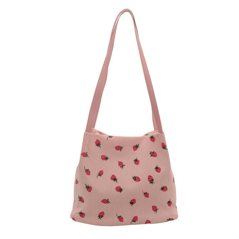 Large-capacity Bag Women's 2025 Summer New Corduroy Strawberry Print Going Out Versatile Shoulder Bag Commuter Tote Bag