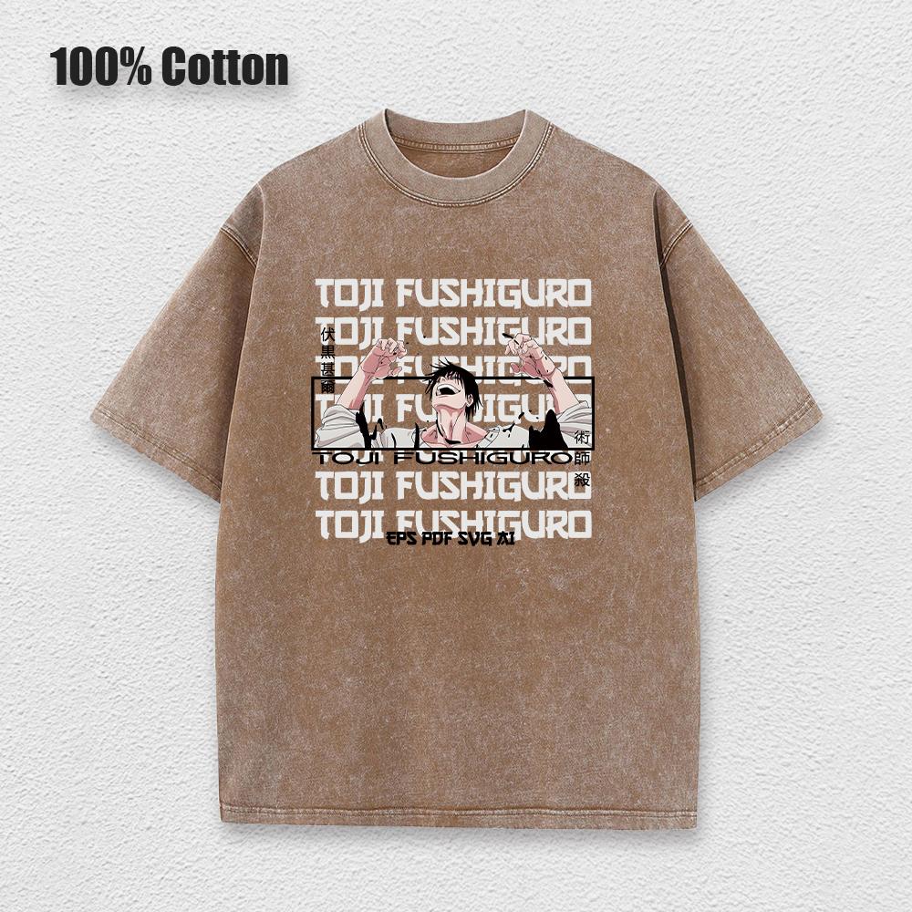 Men Fashion Streetwear Washed Black T-Shirt Japanese Anime Graphic Print T Shirt Summer Cotton Oversized Tops Tees