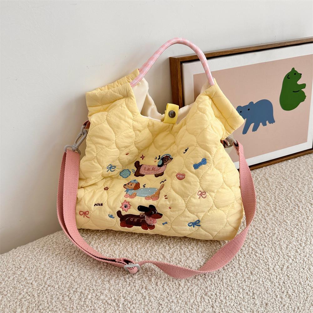 Adorable Embroidered Cartoon Shoulder Bag Large Capacity Commuter Tote Bag In White Blue Yellow And Pink