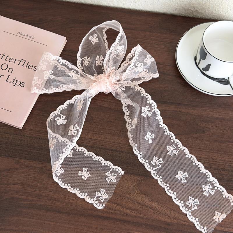 Pink Lace Flowers Long Strip Silk Scarf Headbands Bow Hair Rope Womans Girls Sweet Tie Hair Turban Ribbon Lady Headdress Fashion