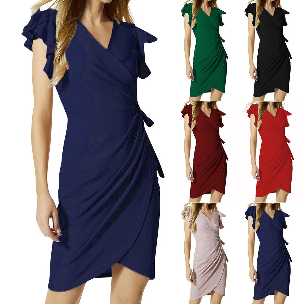 Women's Dress Temperament V-neck Waisted Drawstring Pleated Flared Sleeve Hip Package Slim Dresses