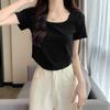 Threaded Short-sleeved T-shirt for Women, Hemmed Collar, Summer Hem, Curved Design, Short Hot Girl Petite Style Top