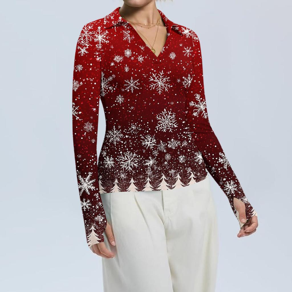 Women's Fashion Casual Christmas Print V-Neck Long Sleeve Button-Down Top