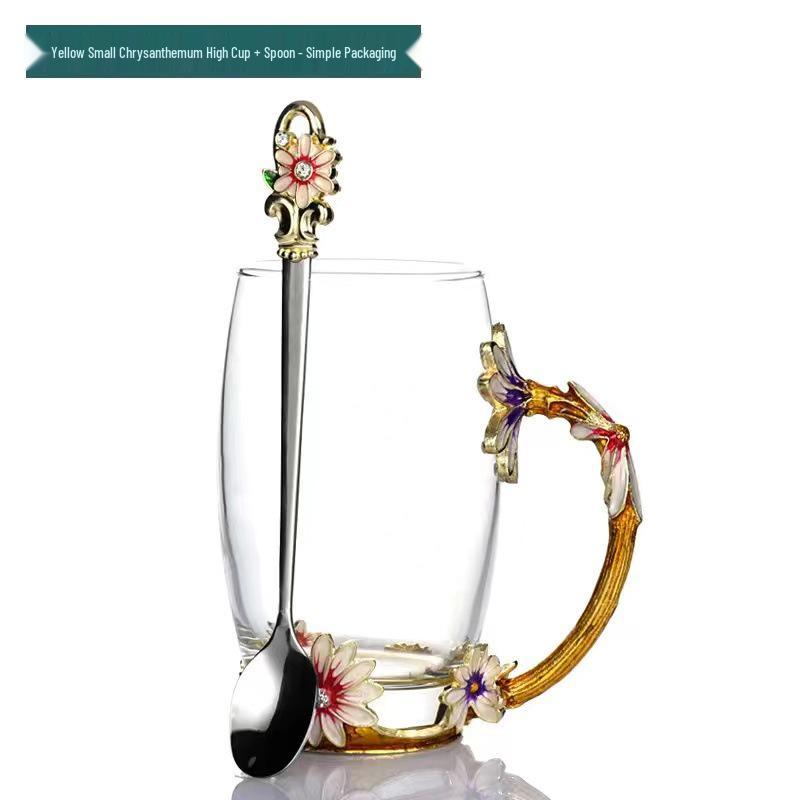 Chrysanthemum Enamel Glass Tea Cup - Lead-Free Crystal Coffee Cup Gift
