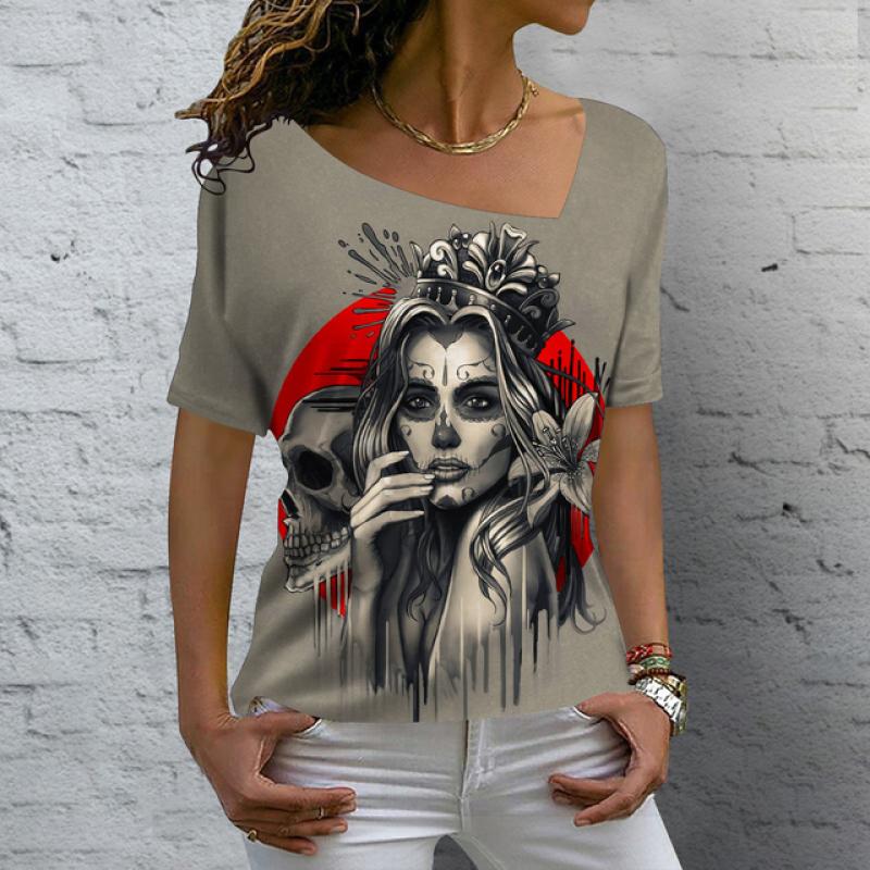 

Женская футболка, винтажные блузки с v-образным вырезом и 3D принтом черепа, повседневные пуловеры с короткими рукавами, летние негабаритные футболки в стиле Харадзюку XL