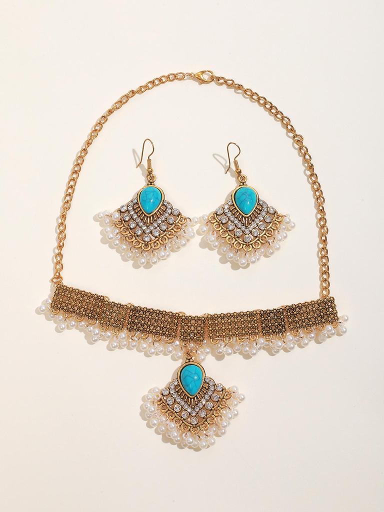 Turquoise Tassel Necklace & Earrings Retro Pearl Set