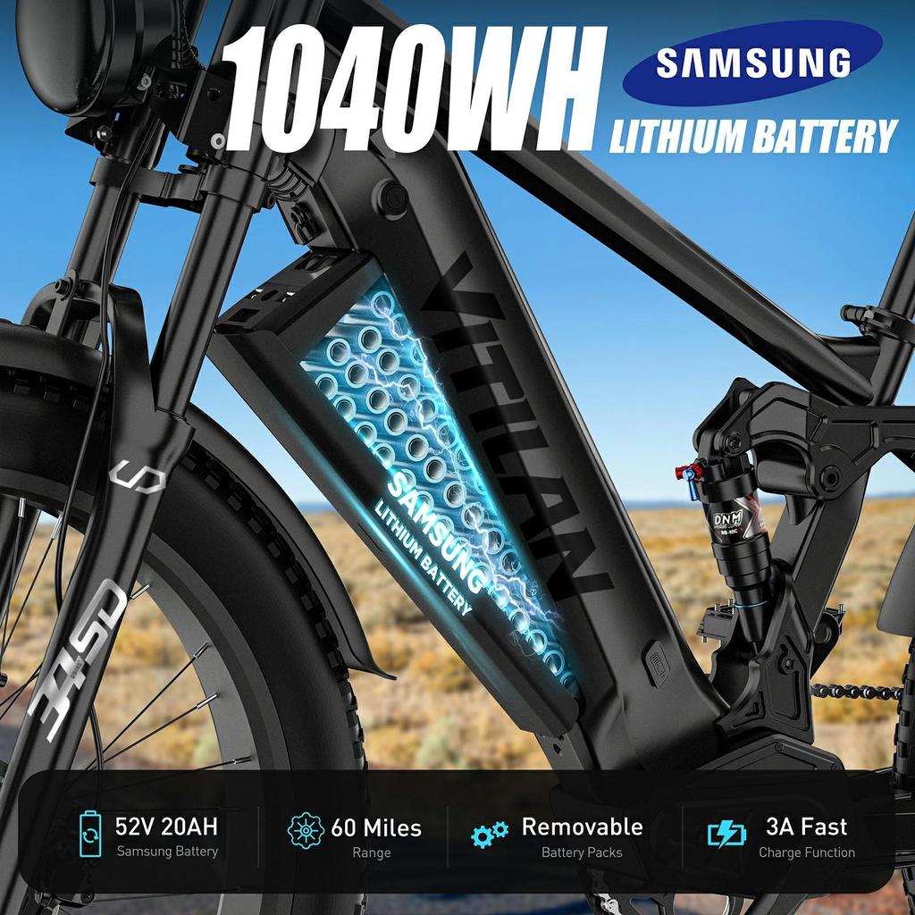 Electric Bicycle Adult Vitilan 26" 1000W Motor City Ebike Full Suspension 52V 20AH Max Range 128Km Load 150Kg 8 Speed T7 Pro