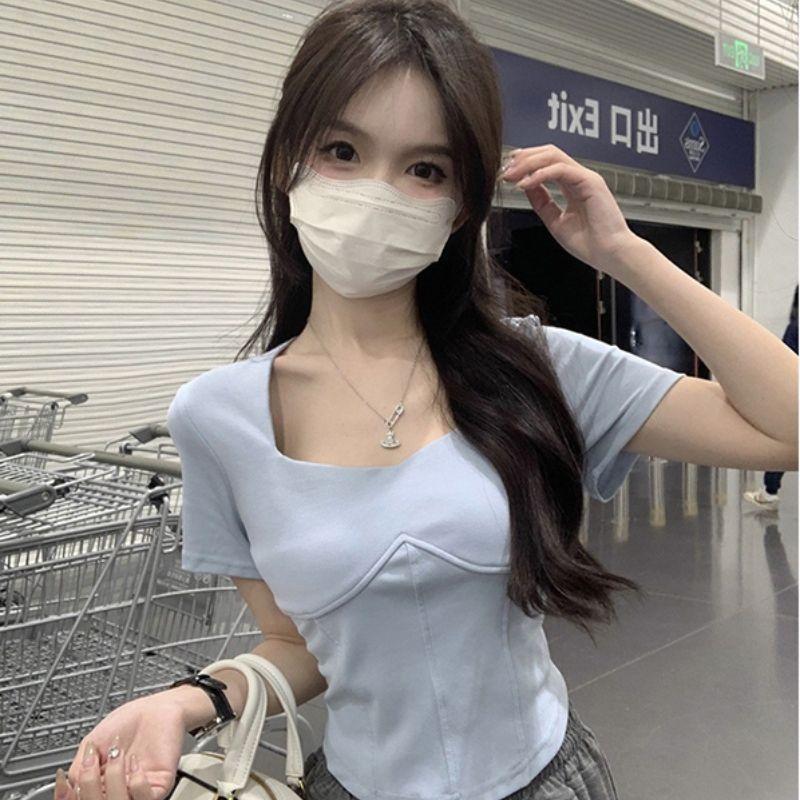 South East Asia new Korean version of fish bone design sense square collar T-shirt women's summer slim and thin short-sleeved top