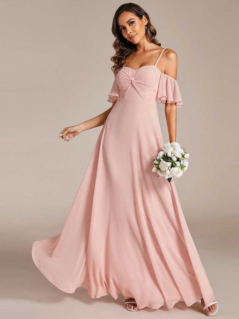 Ever-Pretty Women's Cold Shoulder Sweetheart Neckline Spaghetti Straps Chiffon Bridesmaid Dresses With Ruffle Sleeves