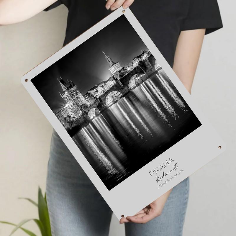 

Prague Charles Bridge Night View Metal Wall Art European Cityscape Home Decor Czech Travel Souvenir 20x30cm（7.8x11.8inch）