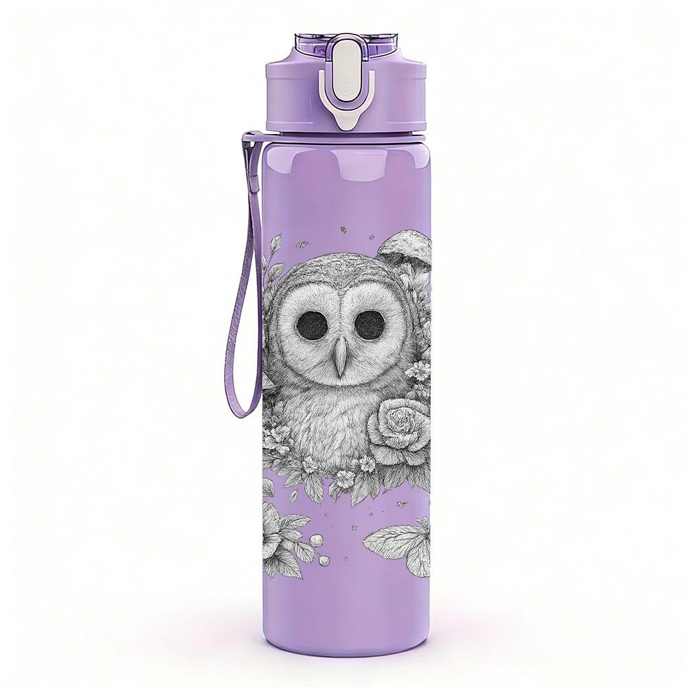 1PC Owl Inside Tree Hollow Sketch Print 750ml Color Plastic Sports Water Bottle Leakproof Flip Straw Lid Suitable for Sports Office Home Use