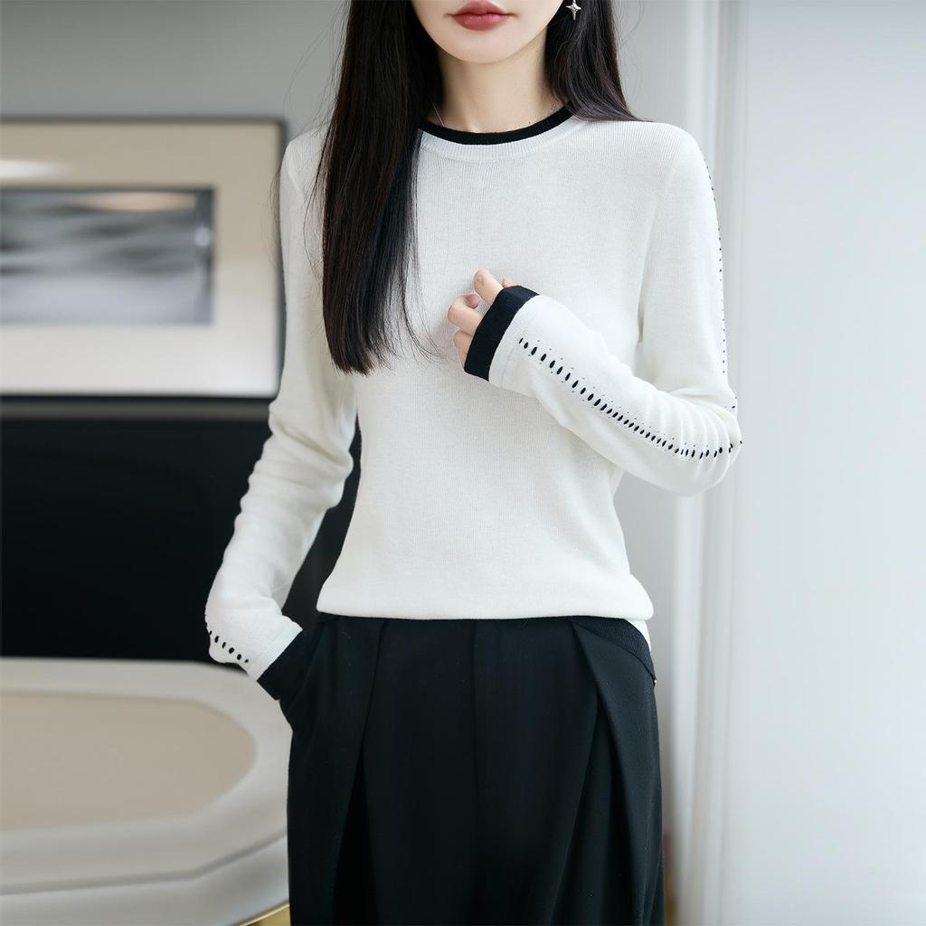 Women's Slim Fit Contrast Color Wool Pullover - Soft, Long-Sleeve Round Neck for Autumn & Winter