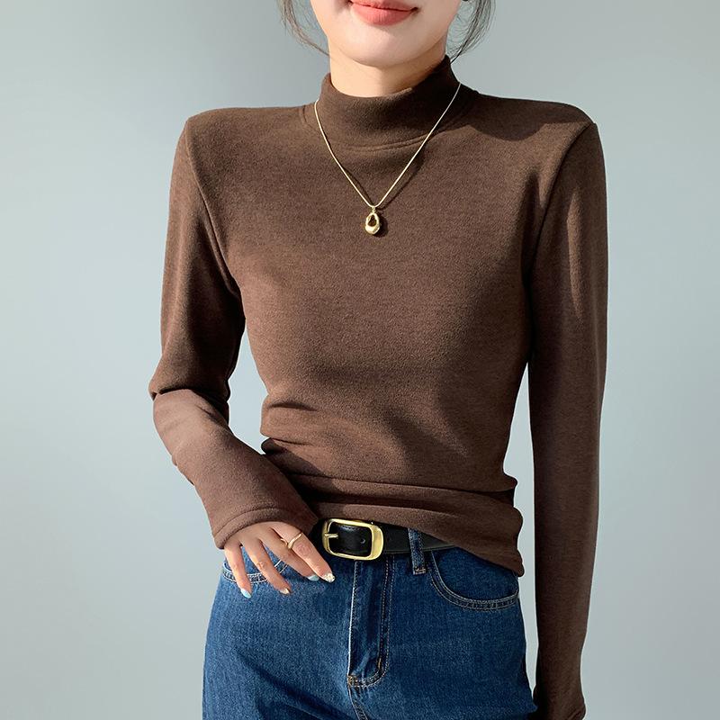 Turtleneck Pullover for Women In Autumn and Winter Fitted Top Thick and Warm Long-sleeved Top with Added Fleece