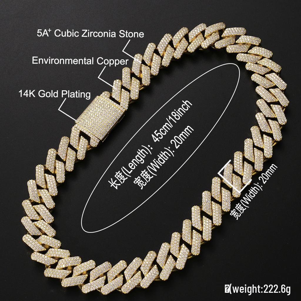 European-American Bestseller: 20mm Three-Row Zircon Cuban Chain, Real Gold Plated, Full Diamond Hip Hop Necklace