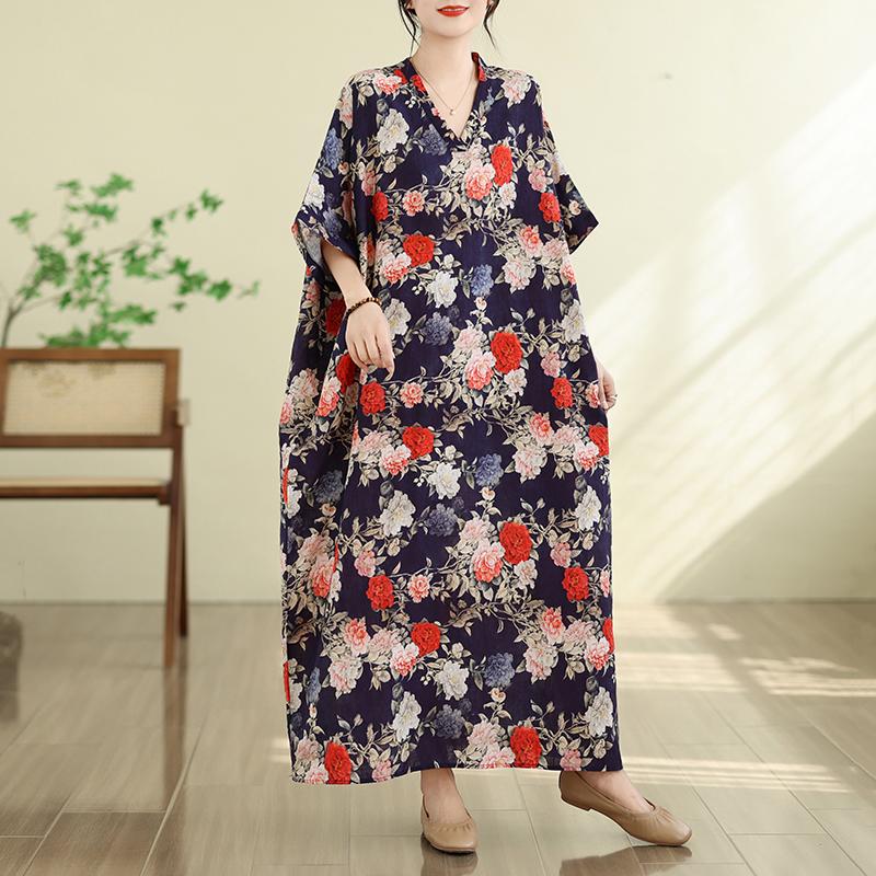 DIMANAF New 2026 Women Plus Size Summer Beach Long Dress Cotton Loose Oversize Casual Lady Maxi Vintage Print Sundress
