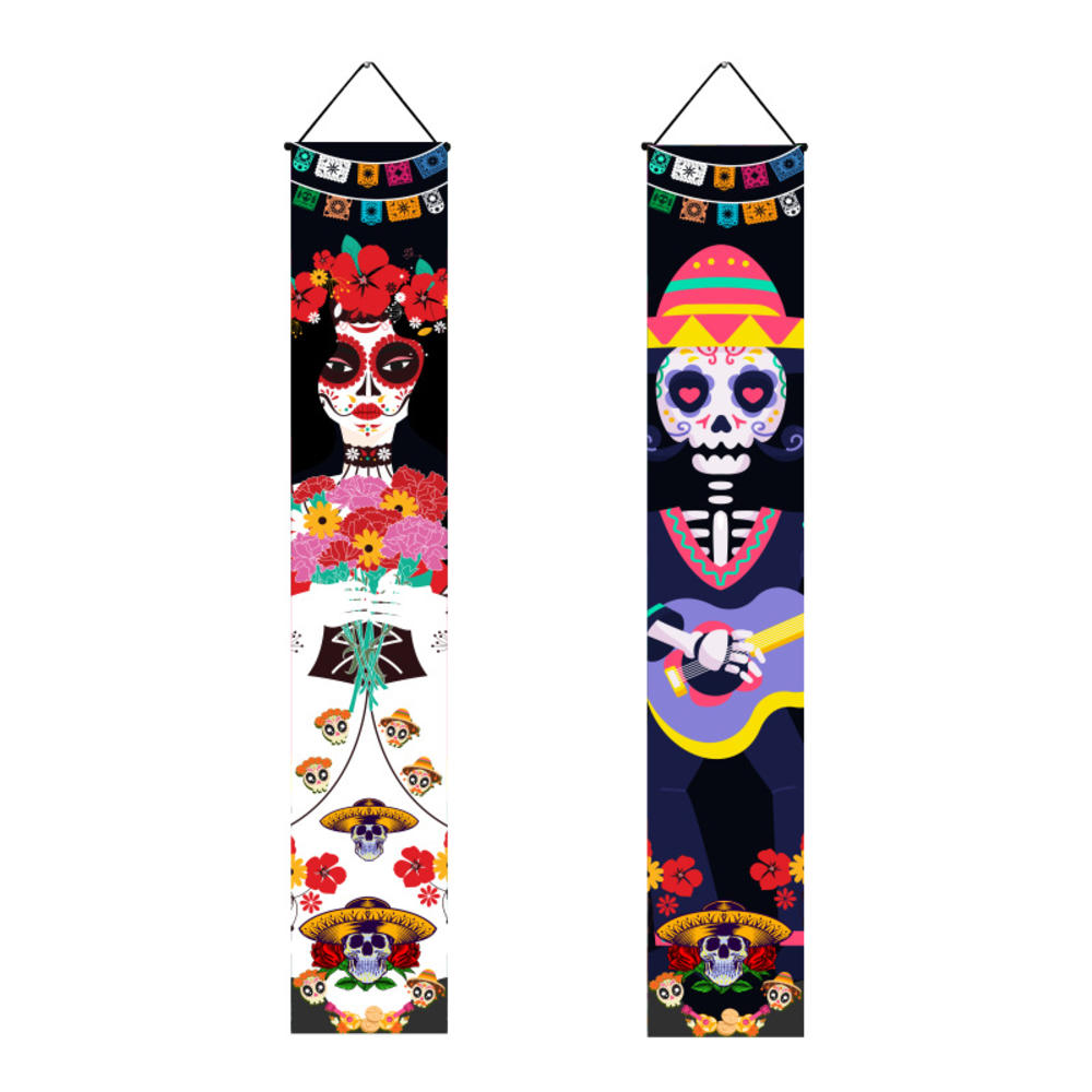 1 Pair Mexican Day of The Dead Decoration Outdoor Mexican Halloween Banner Porch Sign DIY Party Skull Welcome Hanging Door Decor