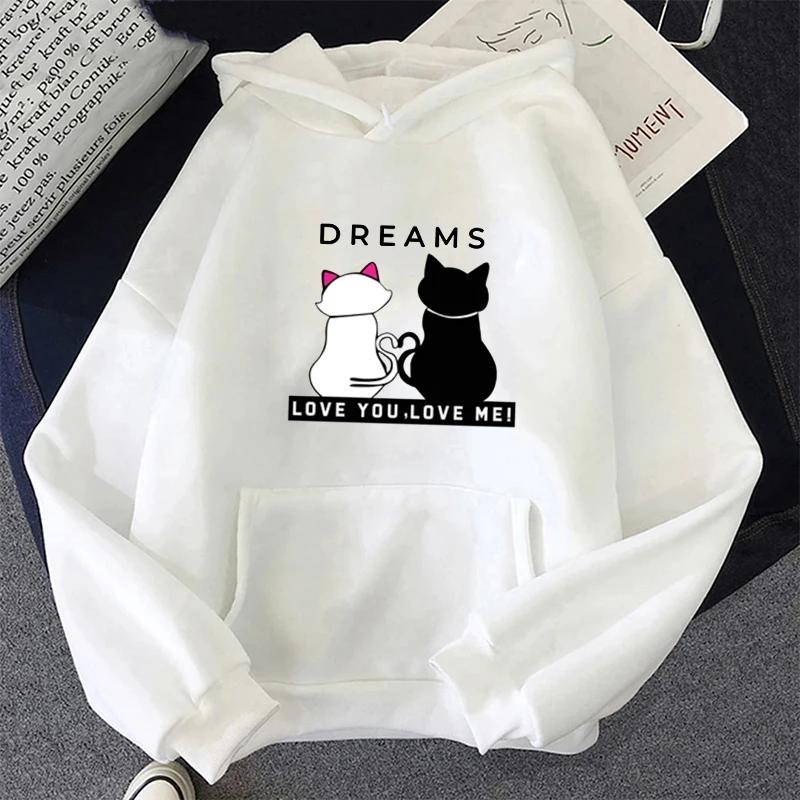 Lover Cats Printed Hoodie Women Casual Oversize Korean Style Fashion O-Neck Long Sleeve Pullover Autumn Winter Fleece Sweatshirt