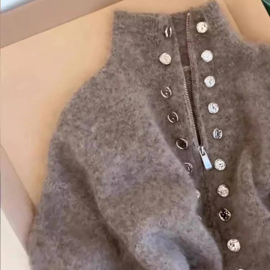 Damen Herbst Lässiger Reißverschluss Y2k Cardigan Pullover Design Zweireihige Jacke
