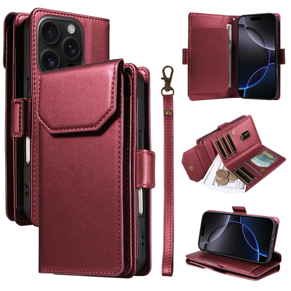 For iPhone 16 Pro Case with Multi-Card Holder and Strap PU Leather Phone Cover Stand