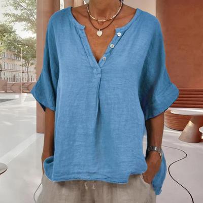 Cotton Linen Women Shirt V-Neck Buttons Half Placket Half Sleeve Breathable