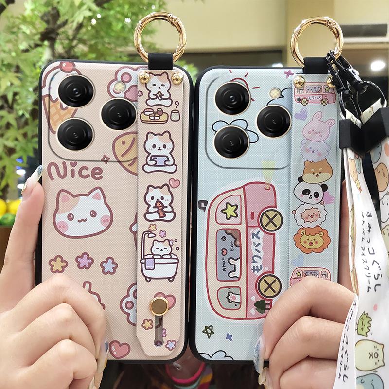 Wrist Strap Kickstand Phone Case For Tecno Spark20 Pro/KJ6 Durable Cute Silicone Anti-dust Back Cover Lanyard Soft case