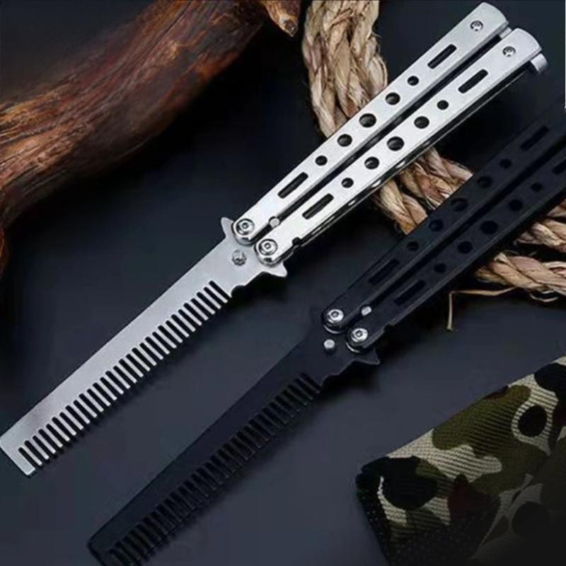 1Pcs Stainless Steel Practice Training Butterfly Knife Comb Beard Moustache Brush Salon Hairdressing Styling Tool Foldable Comb